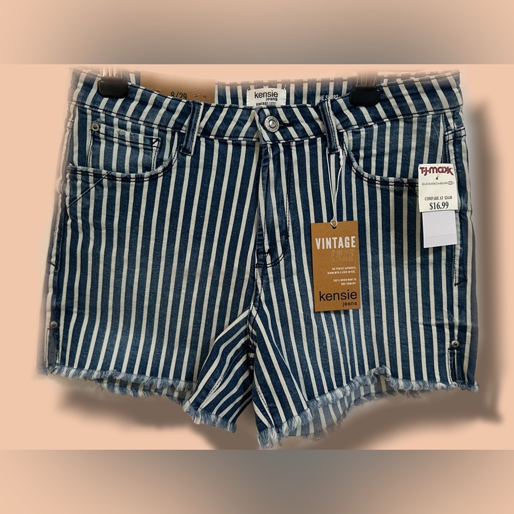 Kensie Navy and White Striped Jean Shorts